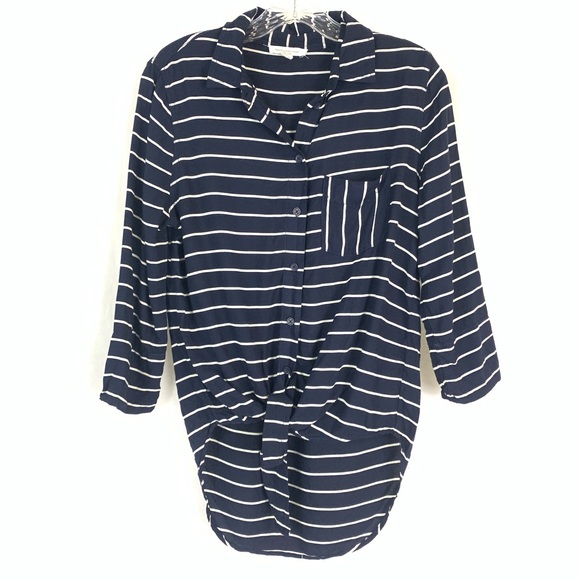 BeachLunchLounge Navy White Striped Tie Front Top - Picture 1 of 5